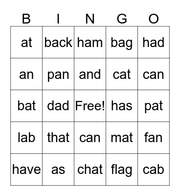 1SD Bingo - Short a Bingo Card