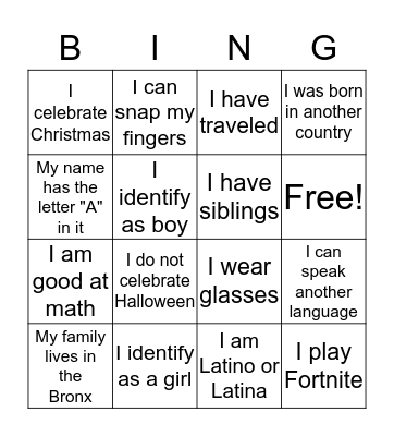 Cultural Bingo Card