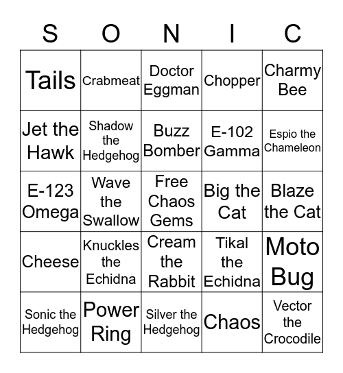 Ultimate Sonic the Hedgehog Bingo Card