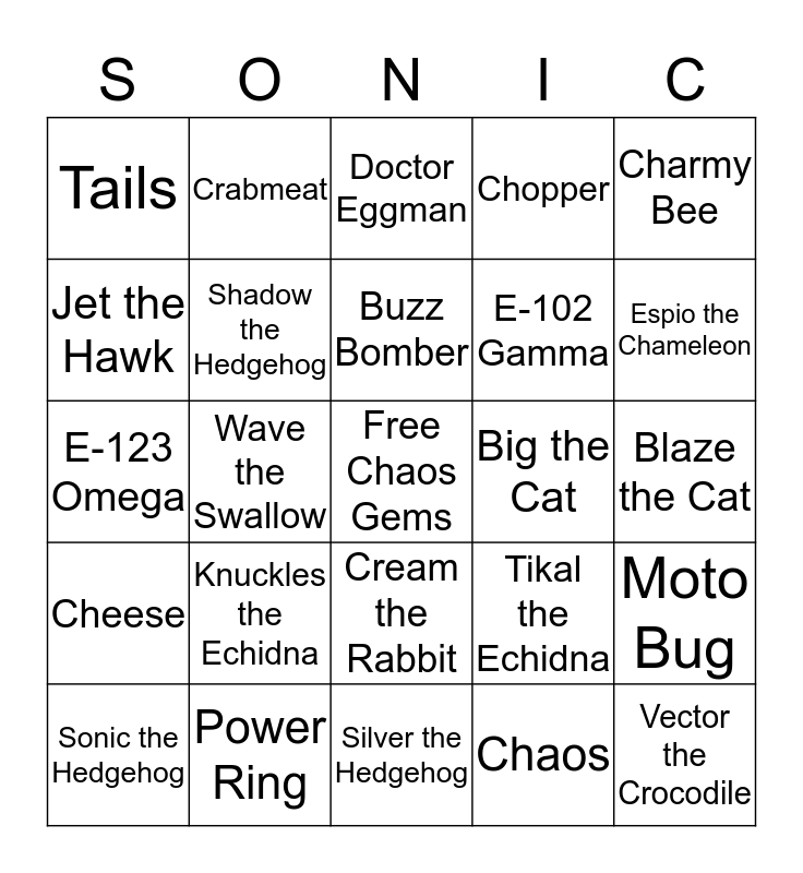 ultimate sonic the hedgehog bingo card