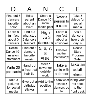 DANCE 101 BINGO CONTEST Bingo Card