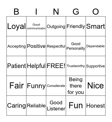 Friendship Bingo Card