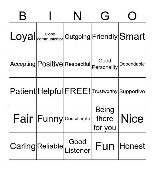 Friendship Bingo Card