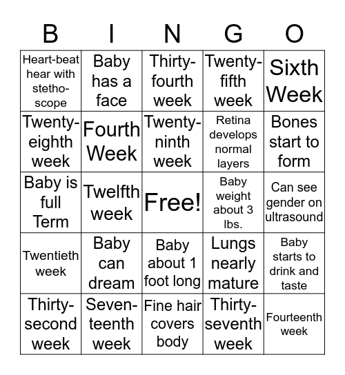 Infant Development Bingo Card