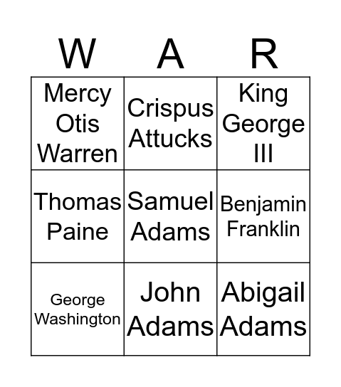 People Who Lead to the American Revolution Bingo Card