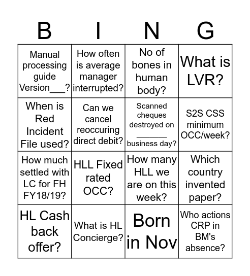 HLL/RISK  Bingo Card