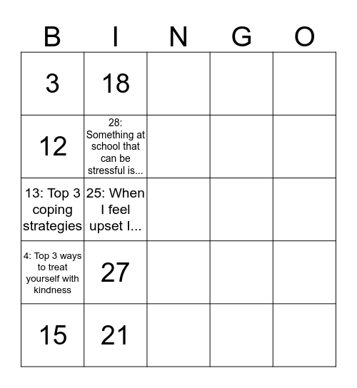 Coping Skills Bingo Card