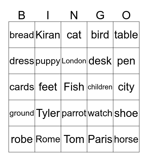 Nouns Bingo Card