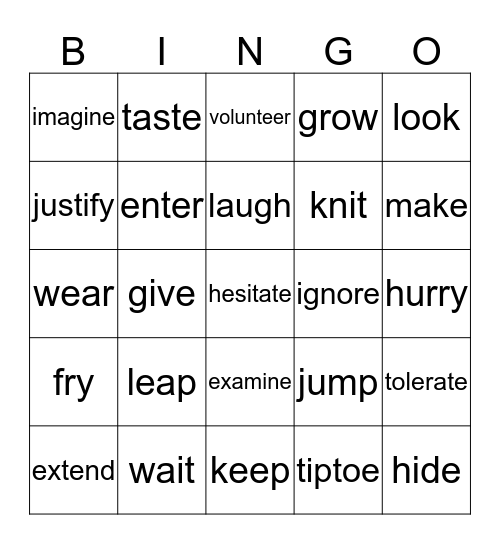 Verbs Bingo Card