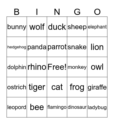 Animal reading bingo Card