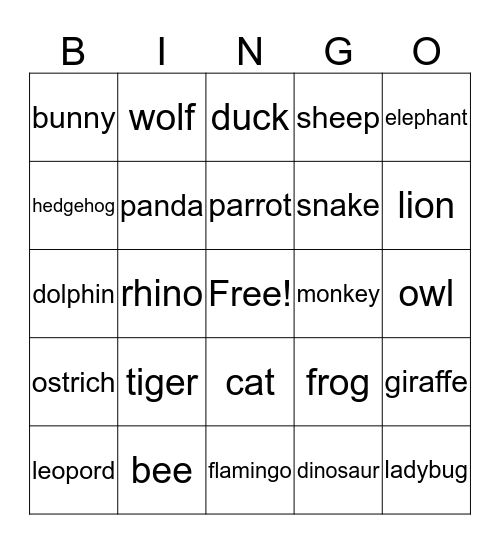 Animal reading bingo Card