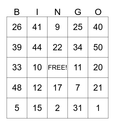Safety Goal Bingo Card