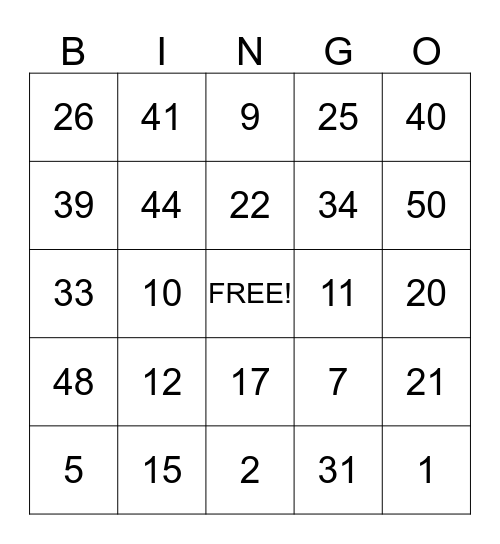 Safety Goal Bingo Card