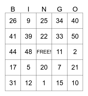 Safety Goal Bingo Card