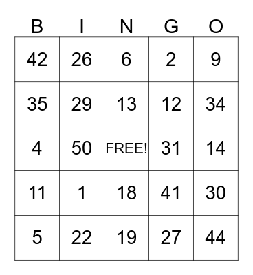Safety Goal Bingo Card