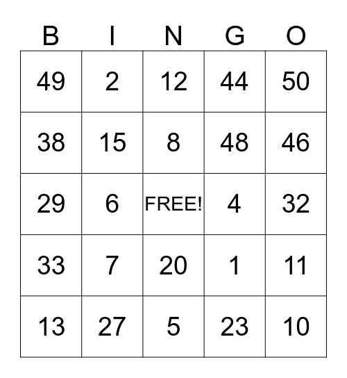 Safety Goal Bingo Card