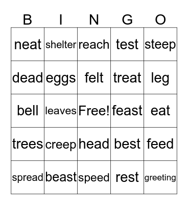 Spelling Word Bingo Card