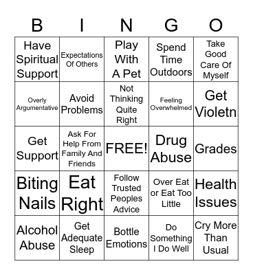 Stress and Coping Bingo Card
