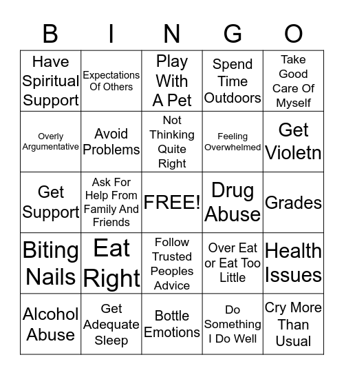 Stress and Coping Bingo Card