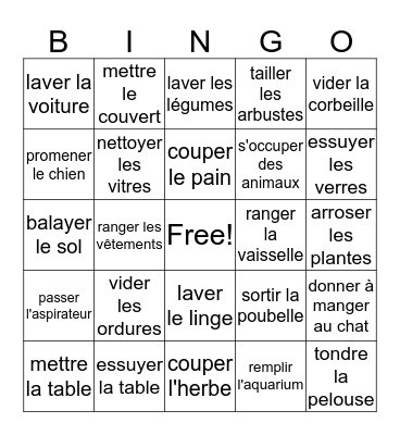 Les Travaux Domestiques Bingo Card
