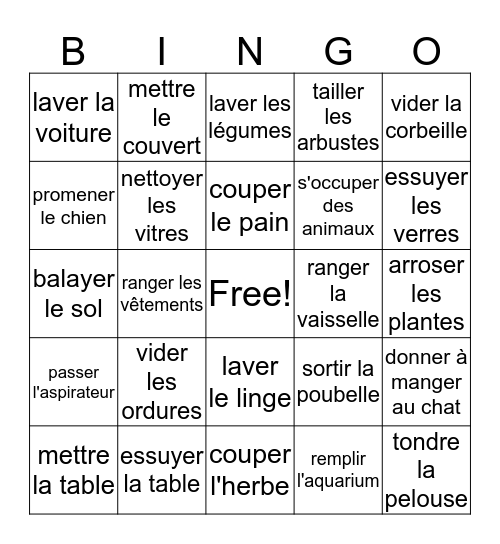 Les Travaux Domestiques Bingo Card