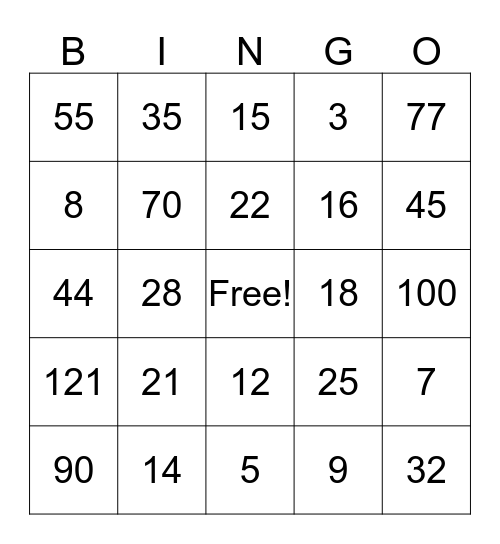 Multiplication Bingo Card