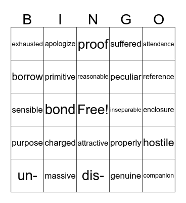 VOCABULARY WORDS Bingo Card