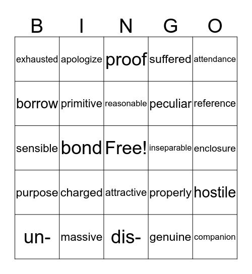 VOCABULARY WORDS Bingo Card