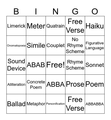 Poetry Bingo Card