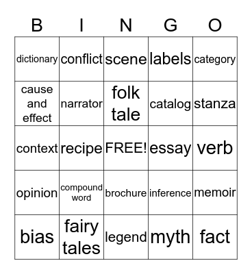 Reading Vocabulary Bingo Card