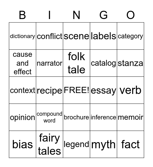 Reading Vocabulary Bingo Card