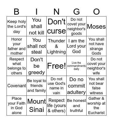 Ten Commandments Bingo Card