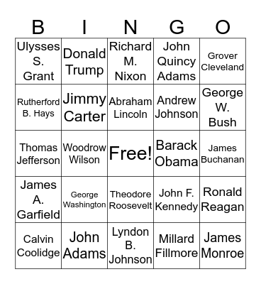 American Presidents Bingo Card