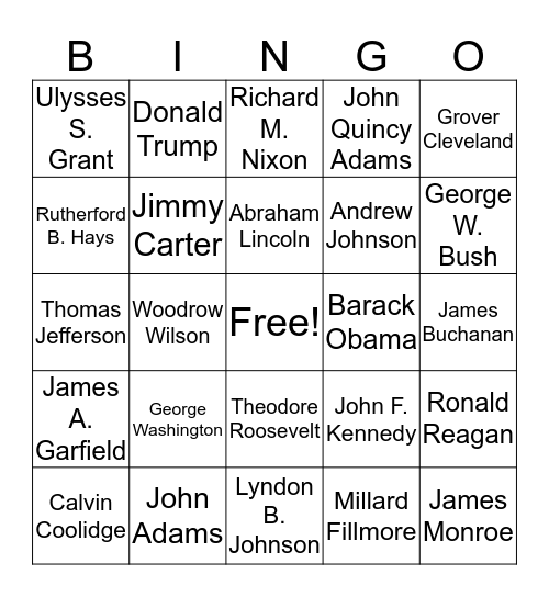 American Presidents Bingo Card