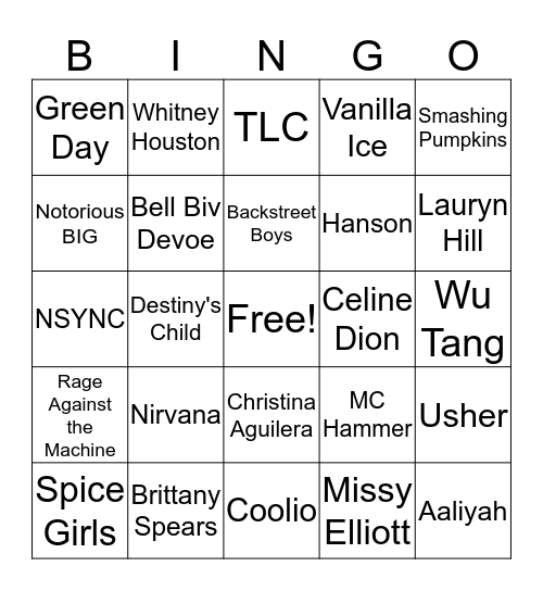 90s Music Bingo Card
