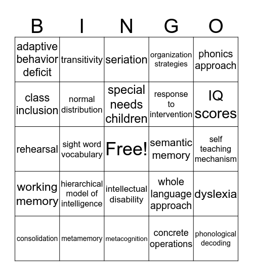 Chp 11 Cognitive Development in Middle Childhood  Bingo Card