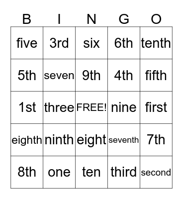 NUMBERS Bingo Card