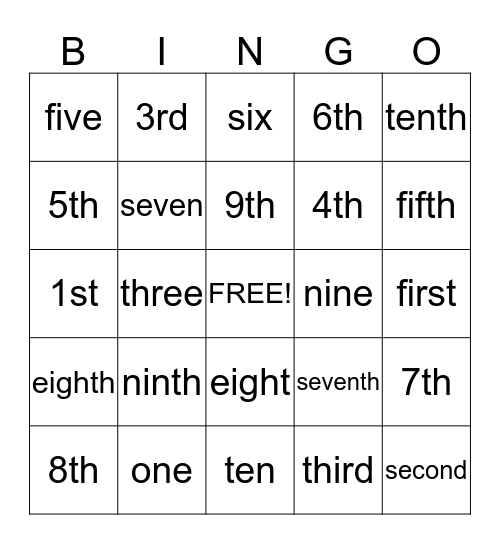 NUMBERS Bingo Card