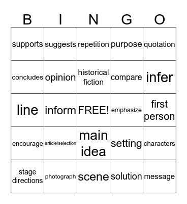 Reading Vocabulary #2 Bingo Card