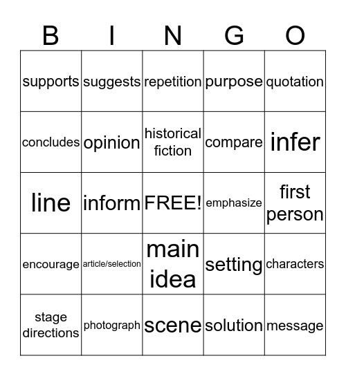 Reading Vocabulary #2 Bingo Card