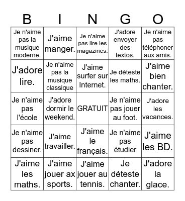 Qu'est-ce que tu aimes faire?Cherche ton âme soeur Bingo Card