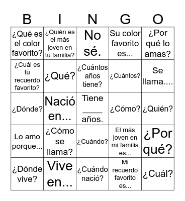 Questions about Family Bingo Card