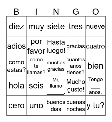 Spanish Bingo Card