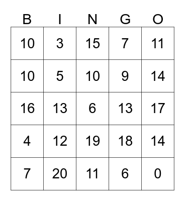 Addition (0-10) Bingo Card