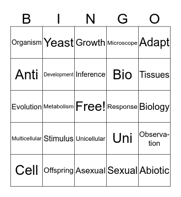 Characteristics of Life Bingo Card