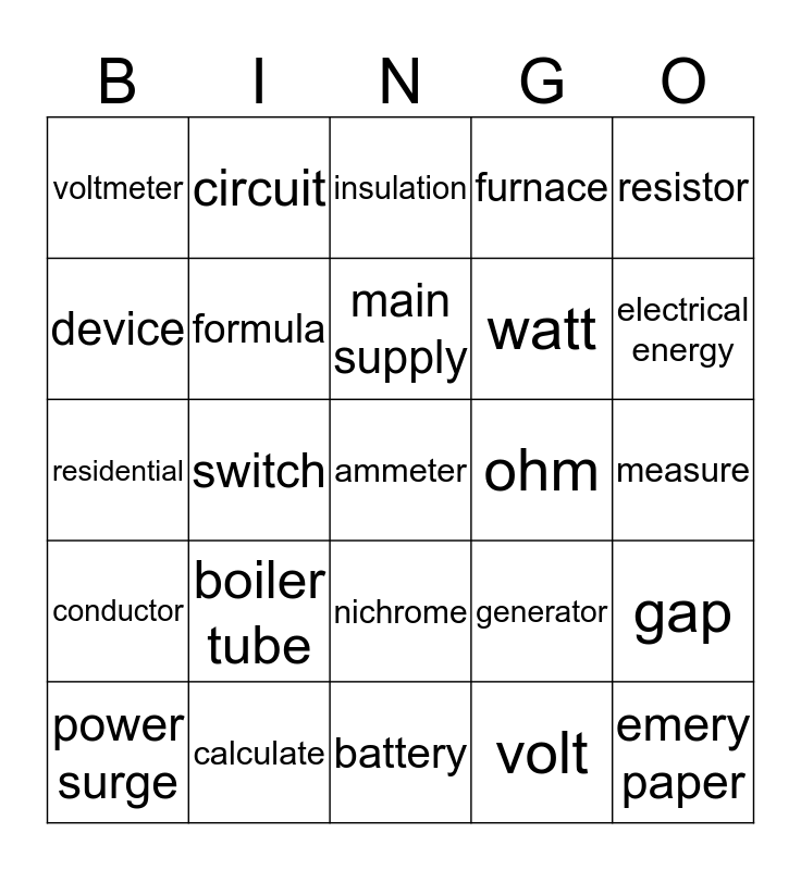 Electrical Terms Bingo Card
