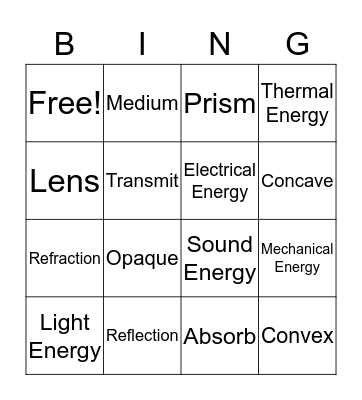 Energy/Light Vocabulary  Bingo Card