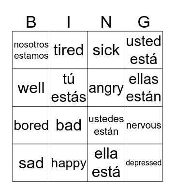 Estar and Emotions Bingo Card
