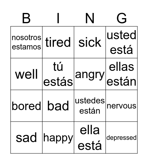 Estar and Emotions Bingo Card