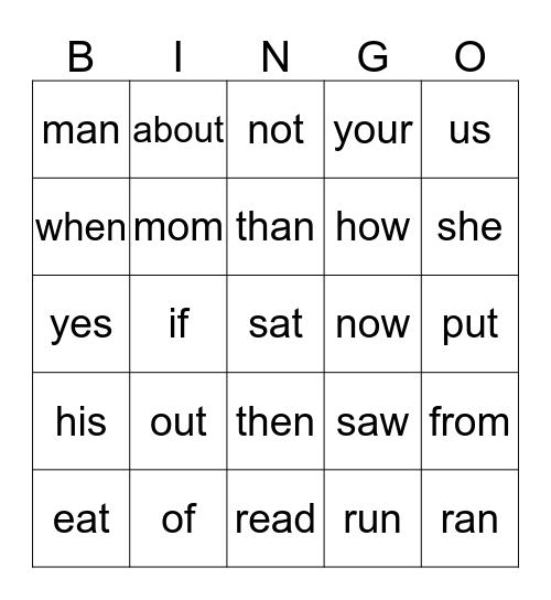 Sight Word Bingo Card